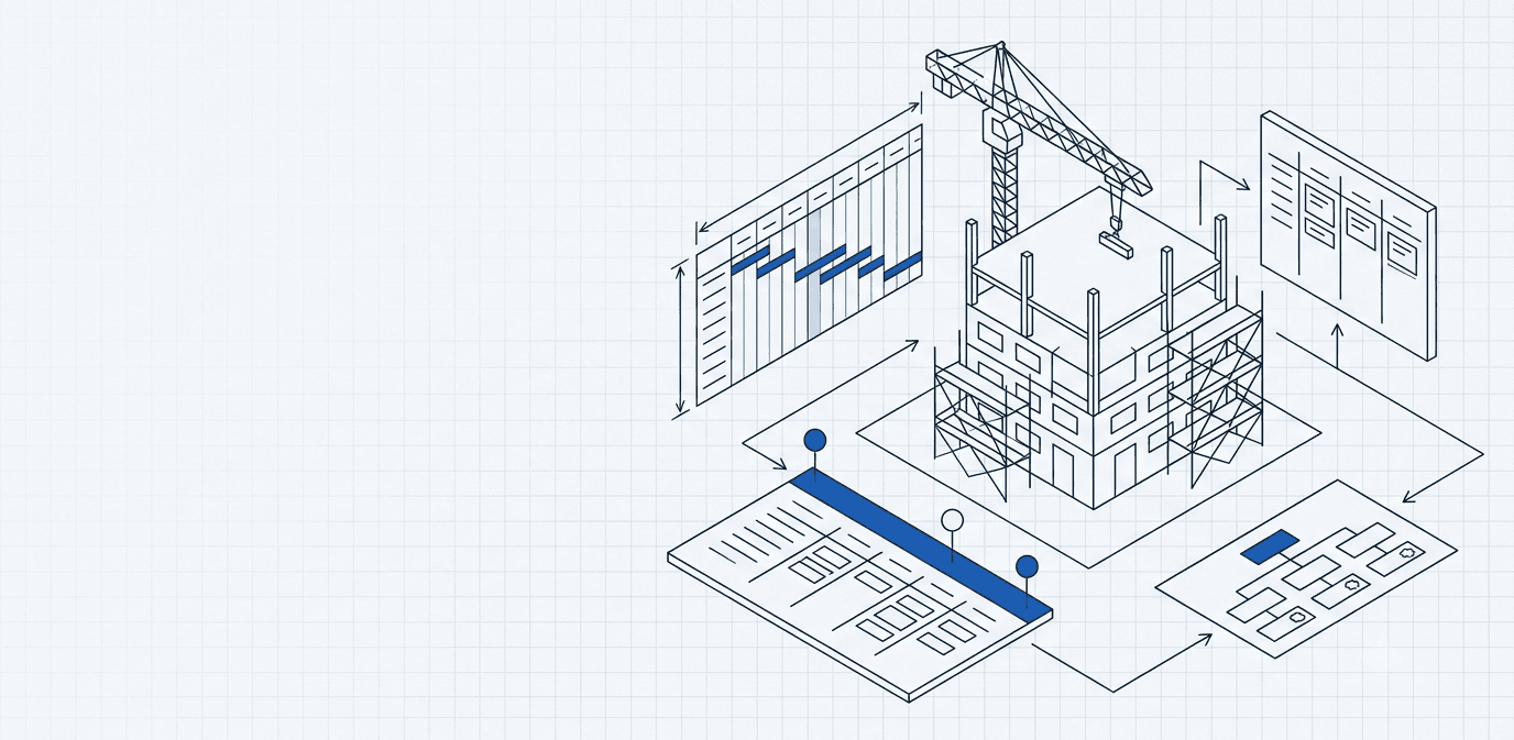 Isometric blueprint of construction project management: crane, building, Gantt schedule and kanban board