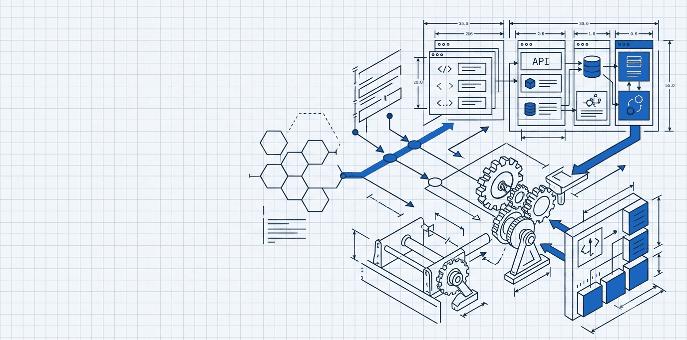 Isometric blueprint of the software pipeline connecting code, APIs and a running system