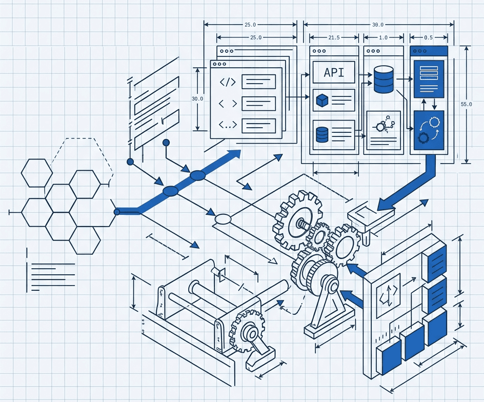Isometric blueprint of the software pipeline: from code and APIs to a running system