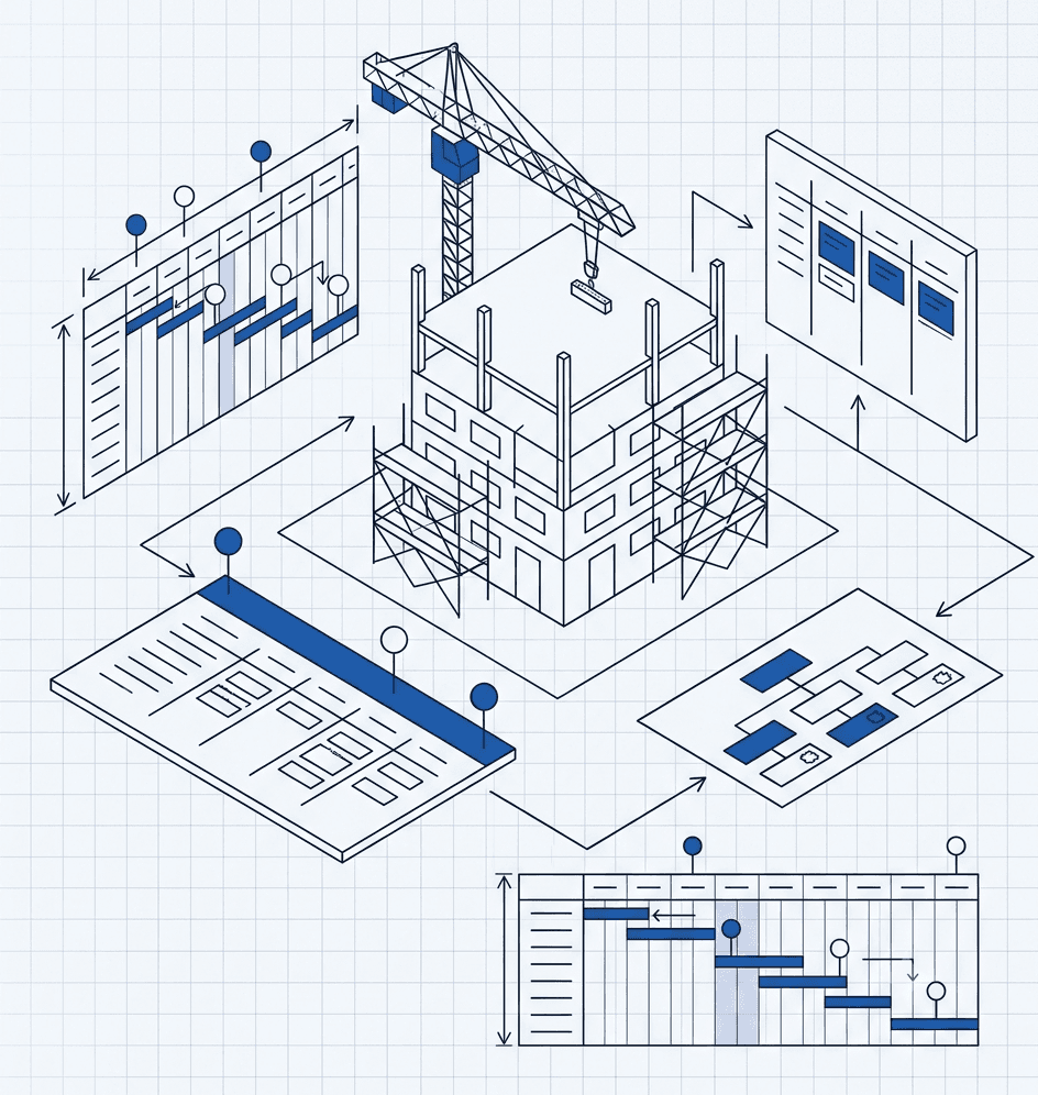 Isometric blueprint of construction site management with schedule and coordination boards